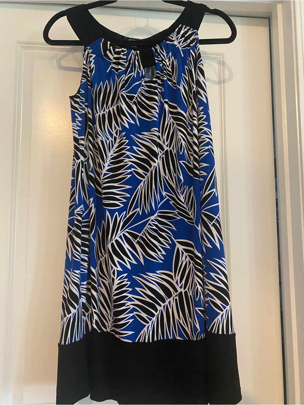 Elementz Blue Palm-Print Midi Dress with Black Trim